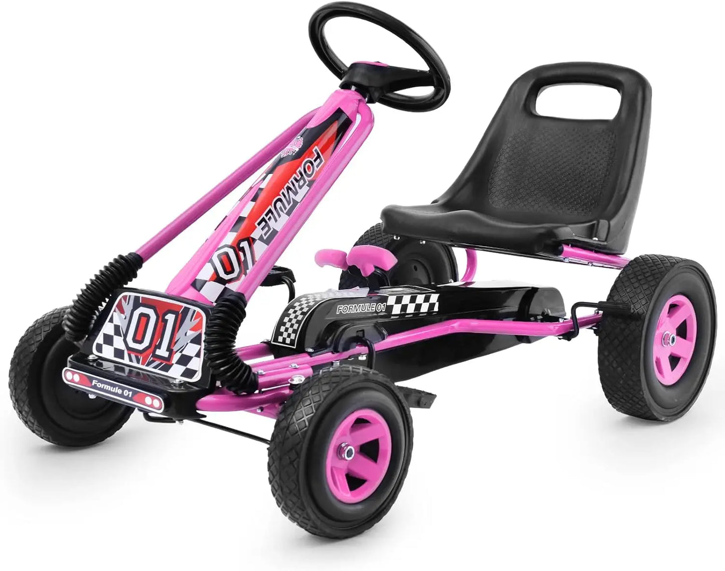 Go Kart for Kids, 4 Wheel Off-Road Pedal Go Cart w/Adjustable Seat, Steering Wheel, 2 Safety Brakes, EVA Rubber Tires