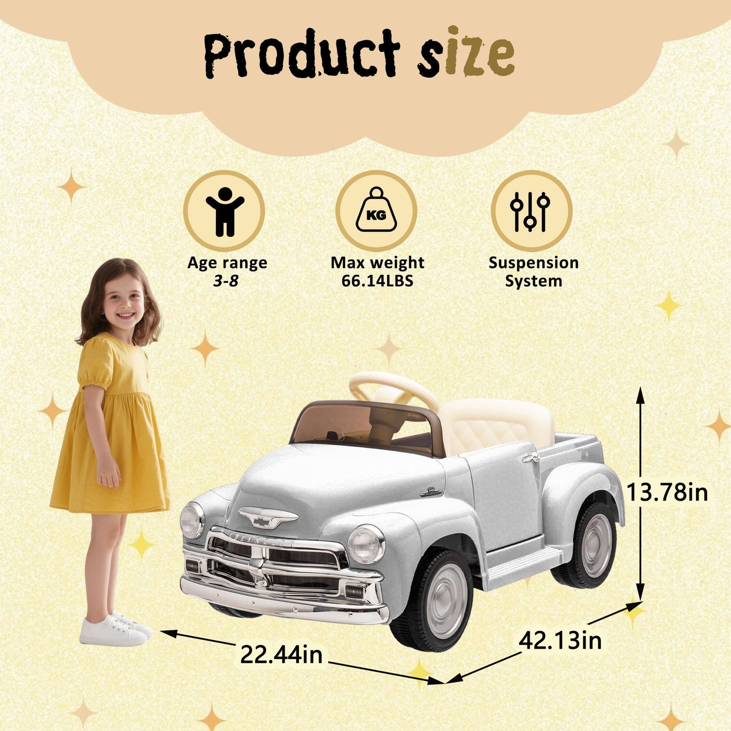 12V Kids Ride On truck car w/parents control, Licensed Chevrolet 3100 pickup,electric car for kid,Vintage modeling,3 speeds,LED Lights,Bluetooth,USB,High-power up to 4.35 km/h,age 3+