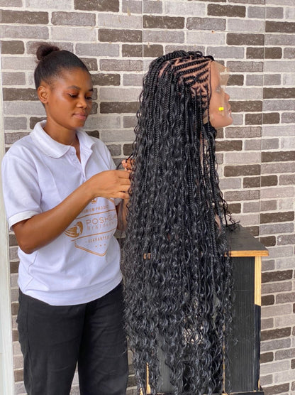 Crush Bohemian Cornrow Braided Wig, Swiss Full Lace, Black Color, Waist Length, Standard Density.