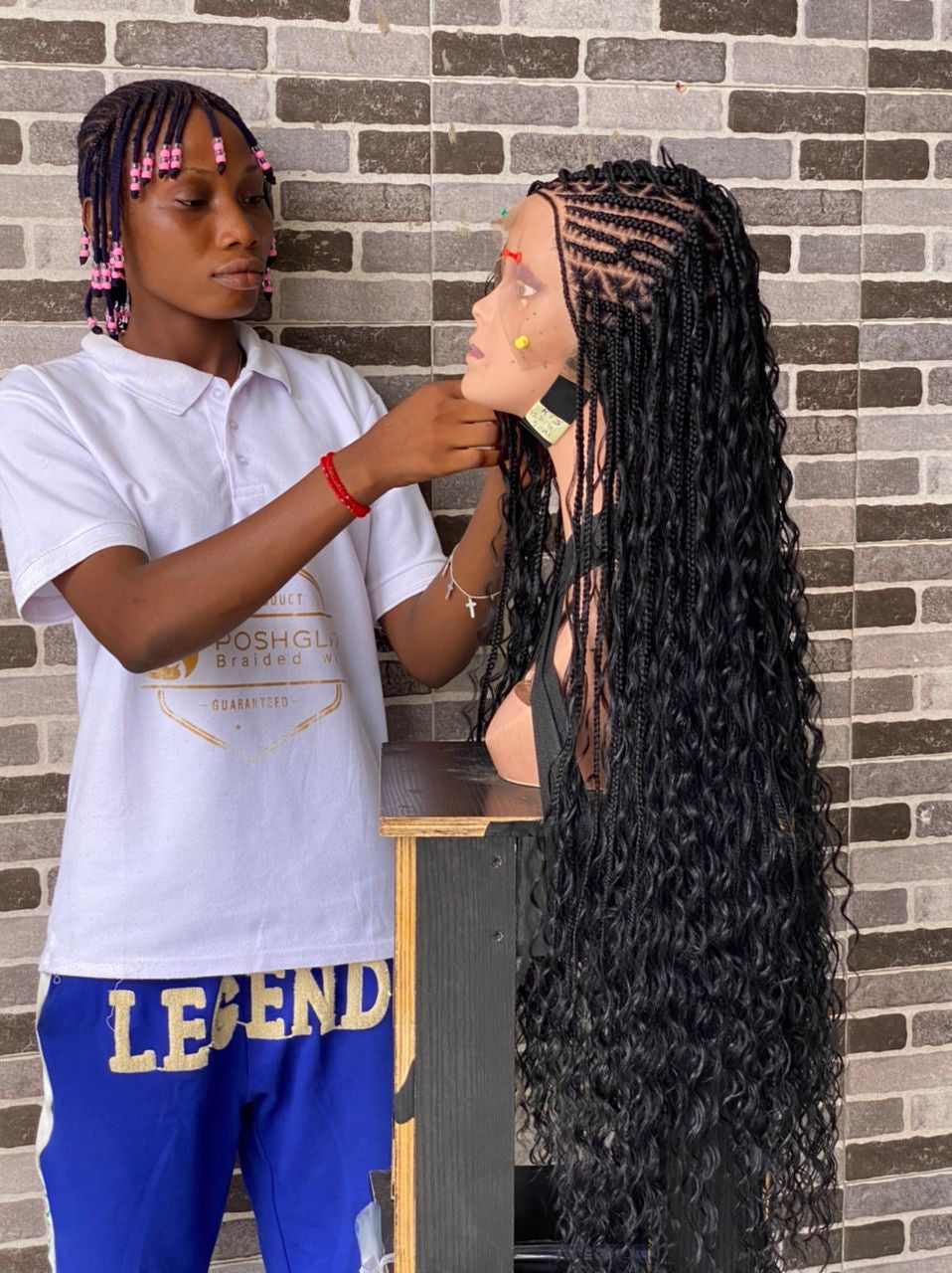Crush Bohemian Cornrow Braided Wig, Swiss Full Lace, Black Color, Waist Length, Standard Density.