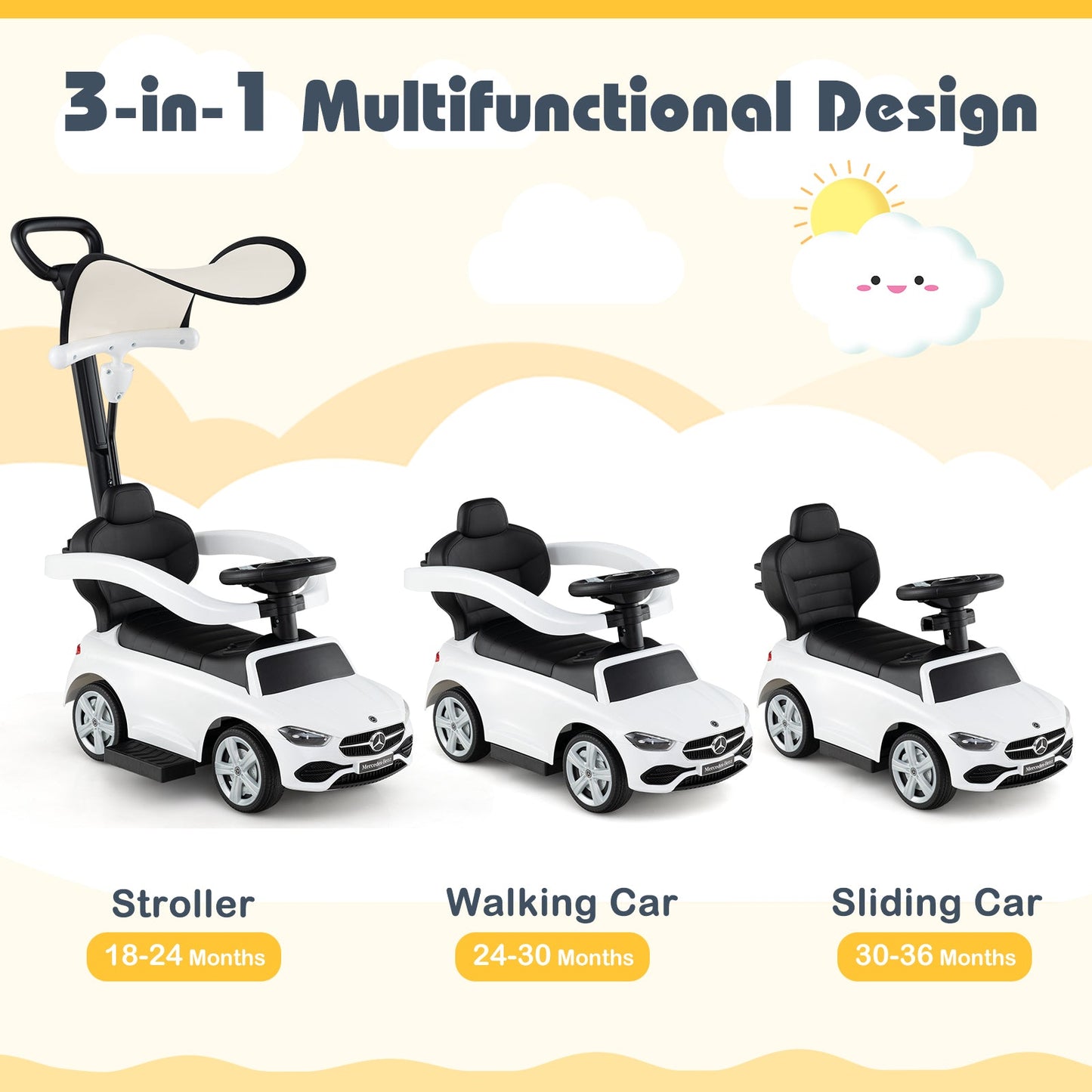 3-in-1 Ride on Push Car Mercedes-Benz Licensed Sliding Car with Canopy-White