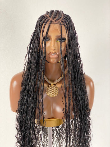 Crush Bohemian Cornrow Braided Wig, Swiss Full Lace, Black Color, Waist Length, Standard Density.