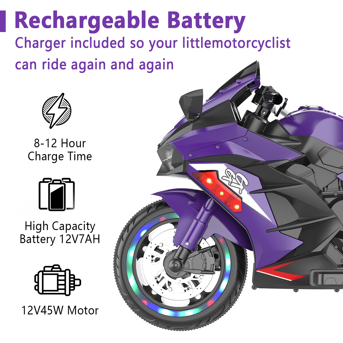 12V children's motorcycle, 3-4 years old electric motorcycle, Violet
Children's motorcycles make full use of USB and MP3 connections. The best Children's Day gift, birthday gift, Christmas gift