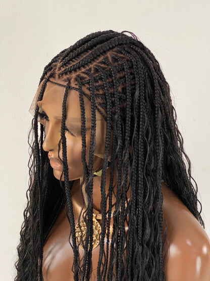 Crush Bohemian Cornrow Braided Wig, Swiss Full Lace, Black Color, Waist Length, Standard Density.