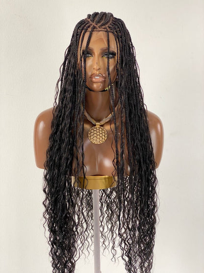 Crush Bohemian Cornrow Braided Wig, Swiss Full Lace, Black Color, Waist Length, Standard Density.