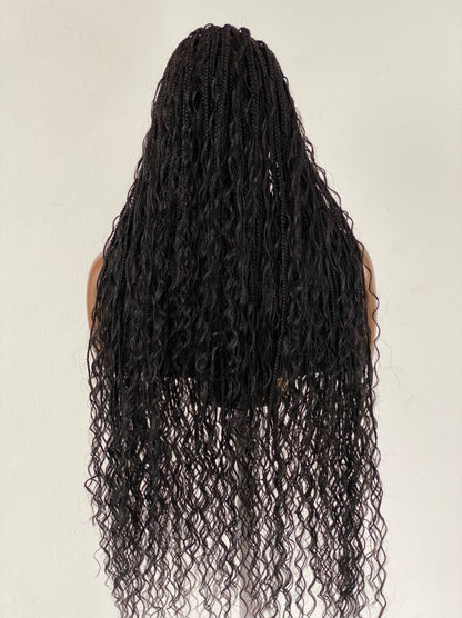 Crush Bohemian Cornrow Braided Wig, Swiss Full Lace, Black Color, Waist Length, Standard Density.