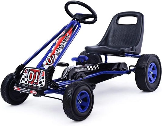 Go Kart for Kids, 4 Wheel Off-Road Pedal Go Cart w/Adjustable Seat, Steering Wheel, 2 Safety Brakes, EVA Rubber Tires
