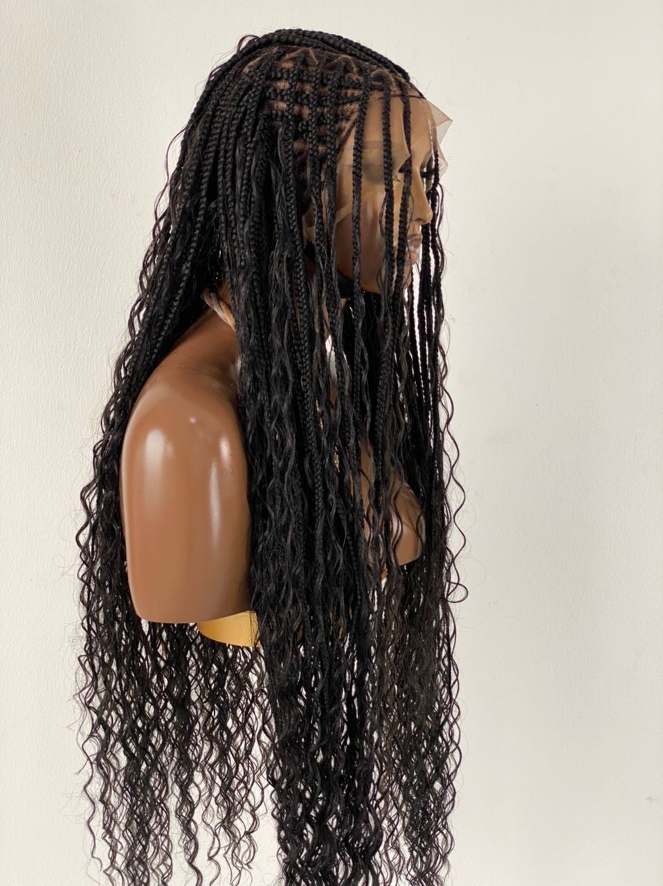Crush Bohemian Cornrow Braided Wig, Swiss Full Lace, Black Color, Waist Length, Standard Density.