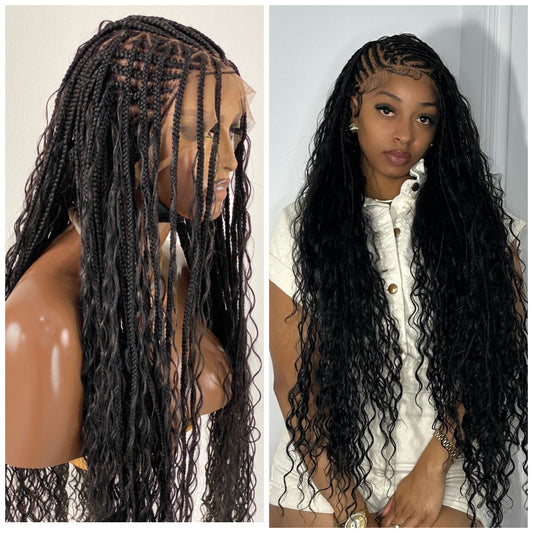 Crush Bohemian Cornrow Braided Wig, Swiss Full Lace, Black Color, Waist Length, Standard Density.