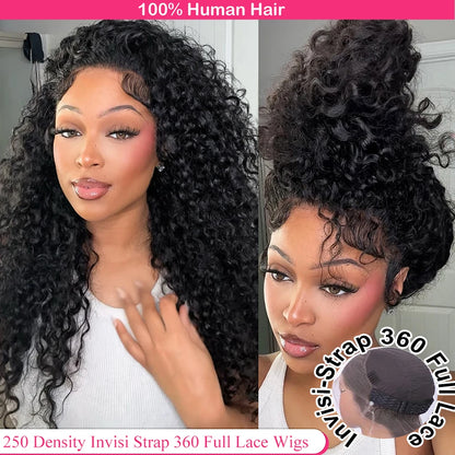 Invisi Strap HD 360 Full Lace Wig Human Hair 250 Density Precut 360 Lace Front Wig Deep Curly Glueless Wig Human Hair Wig