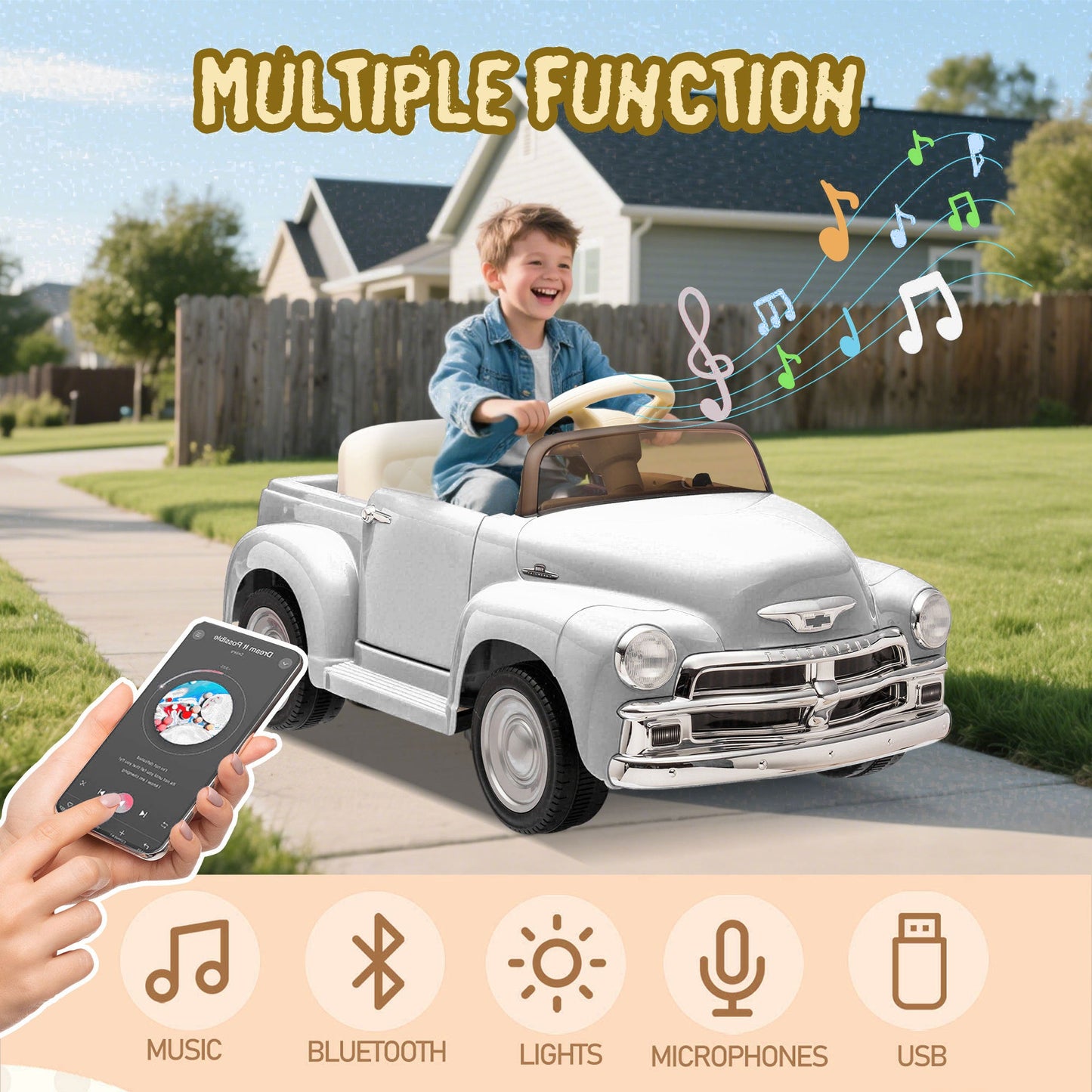 12V Kids Ride On truck car w/parents control, Licensed Chevrolet 3100 pickup,electric car for kid,Vintage modeling,3 speeds,LED Lights,Bluetooth,USB,High-power up to 4.35 km/h,age 3+