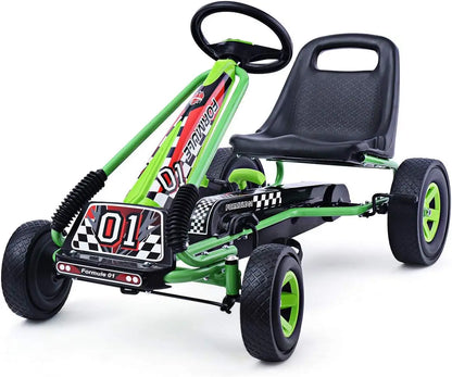 Go Kart for Kids, 4 Wheel Off-Road Pedal Go Cart w/Adjustable Seat, Steering Wheel, 2 Safety Brakes, EVA Rubber Tires