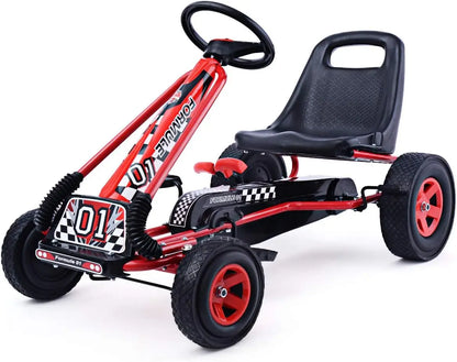 Go Kart for Kids, 4 Wheel Off-Road Pedal Go Cart w/Adjustable Seat, Steering Wheel, 2 Safety Brakes, EVA Rubber Tires
