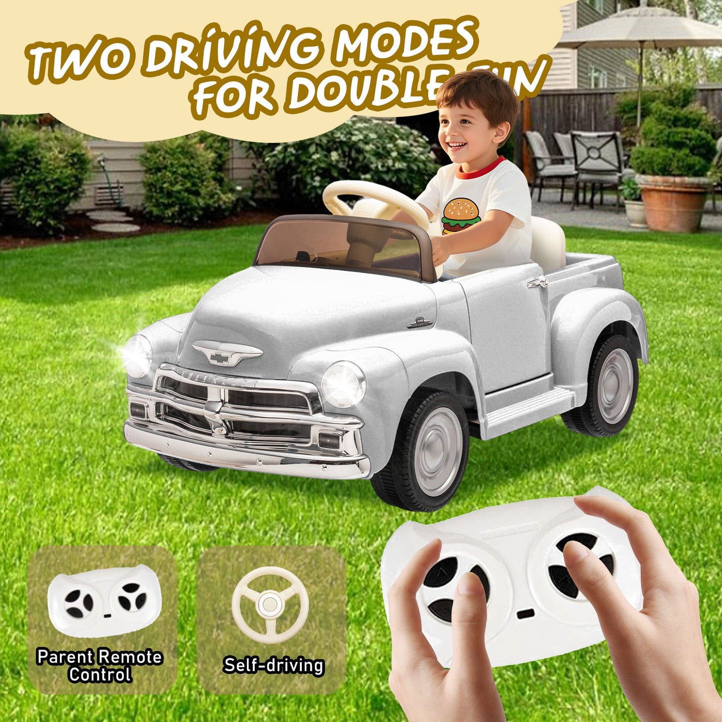 12V Kids Ride On truck car w/parents control, Licensed Chevrolet 3100 pickup,electric car for kid,Vintage modeling,3 speeds,LED Lights,Bluetooth,USB,High-power up to 4.35 km/h,age 3+