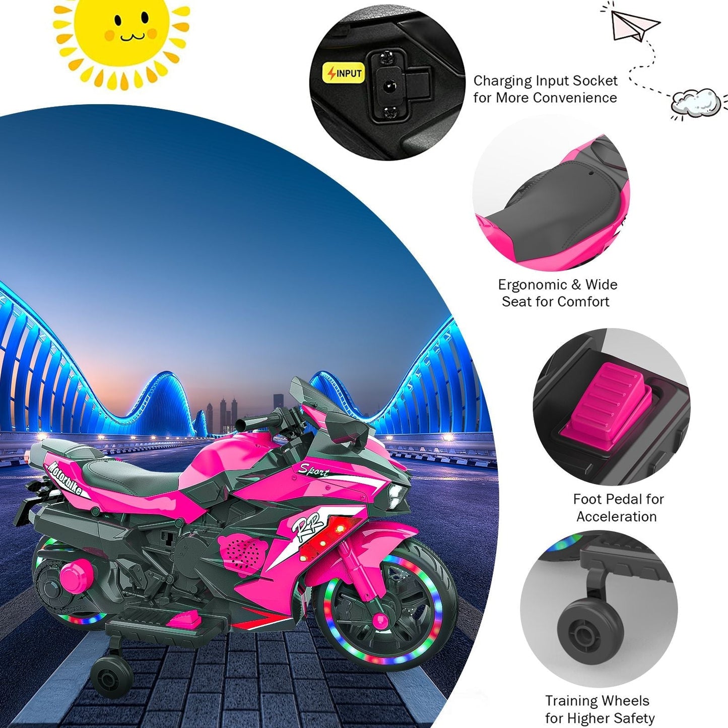 Kids Powered Ride-ons Toy, Kids Motorcycle for 3-6 Years, 12V Electric Ride on Motorcycle with Light Wheel & Bluetooth Music-Pink
